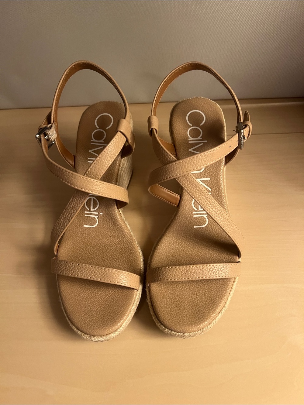 Calvin Klein Beige Crisscross Wedge Sandals, size 6